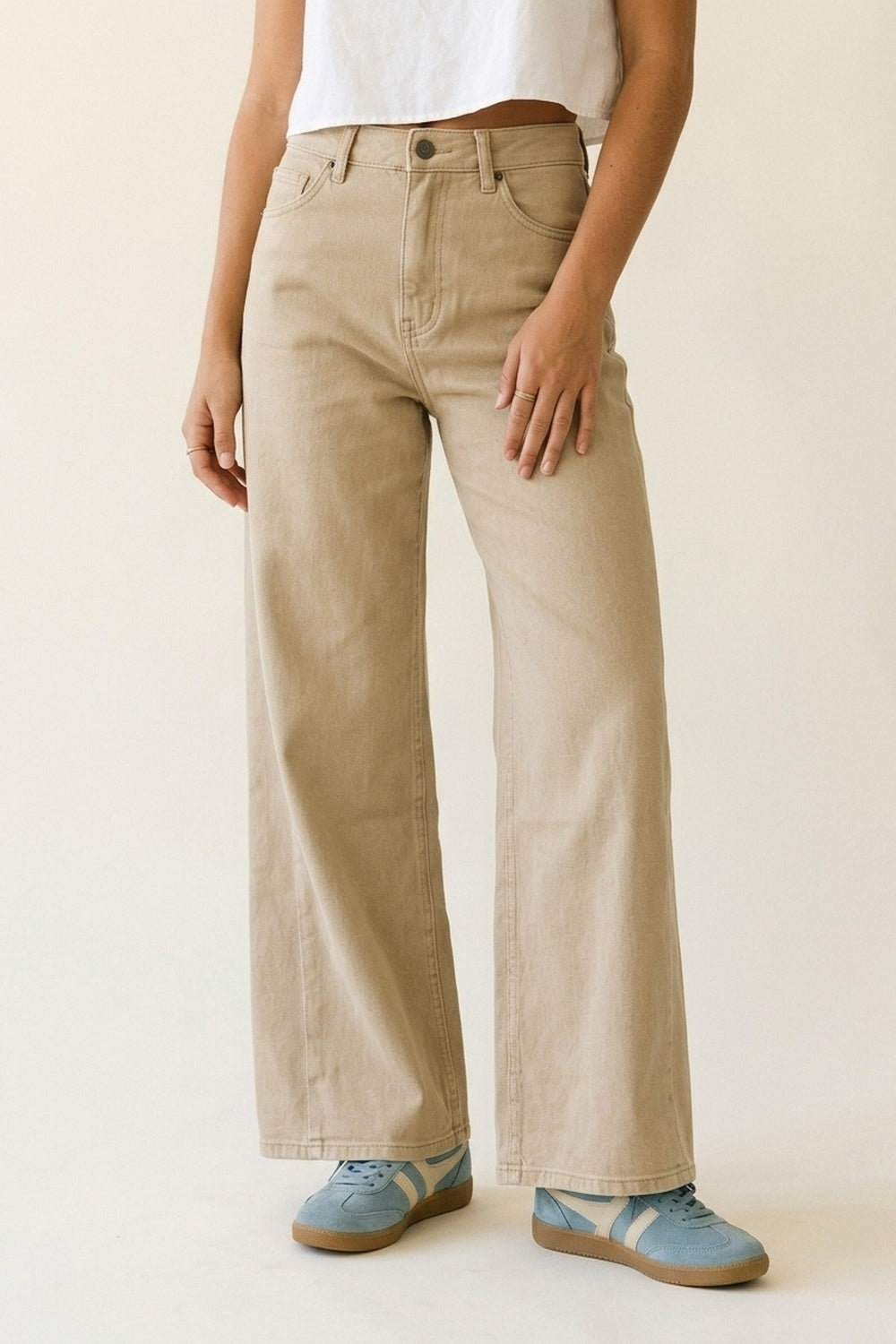 Pantalon large décontracté beige en coton avec 5 poches