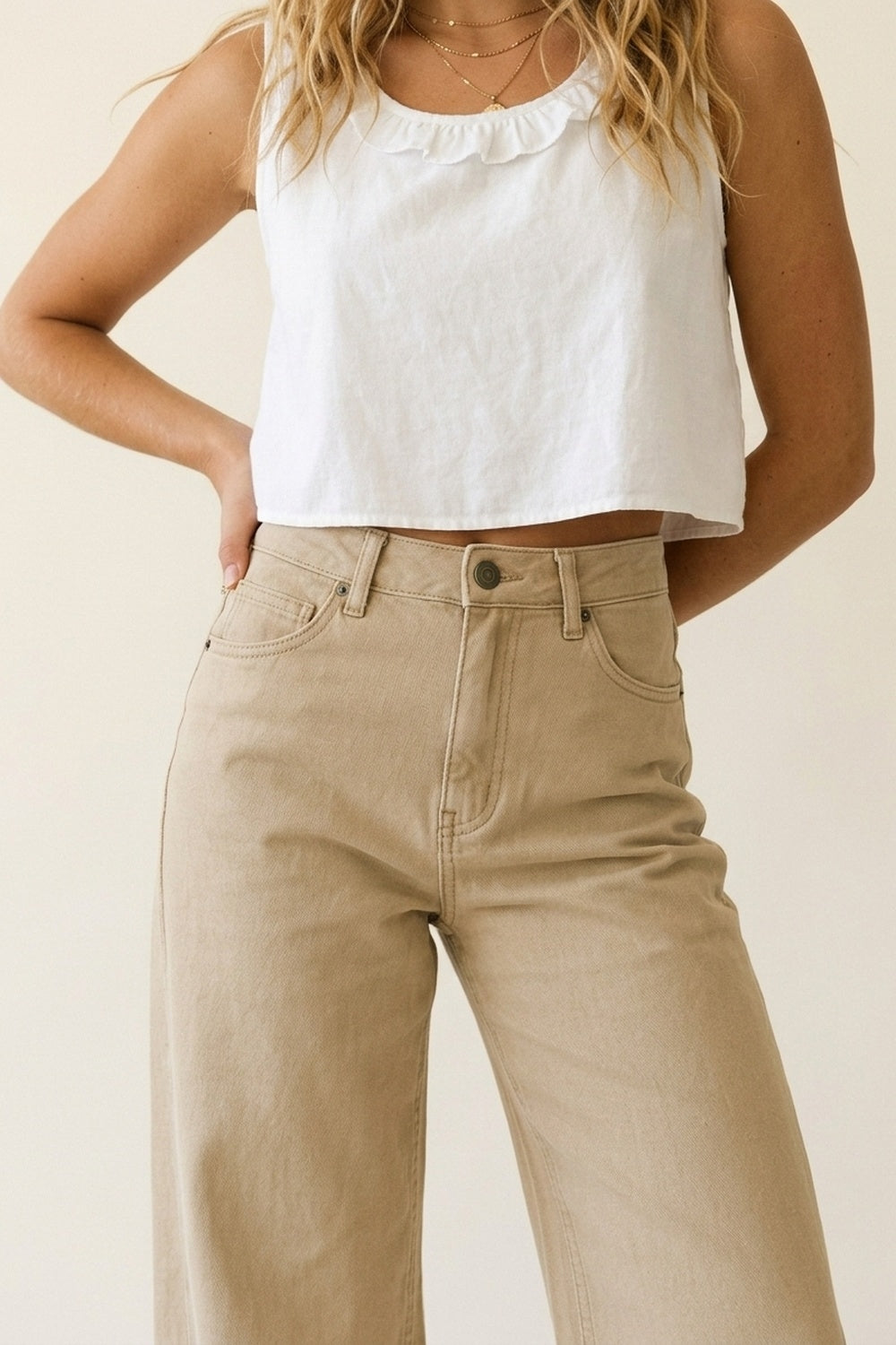 Pantalon large décontracté beige en coton avec 5 poches