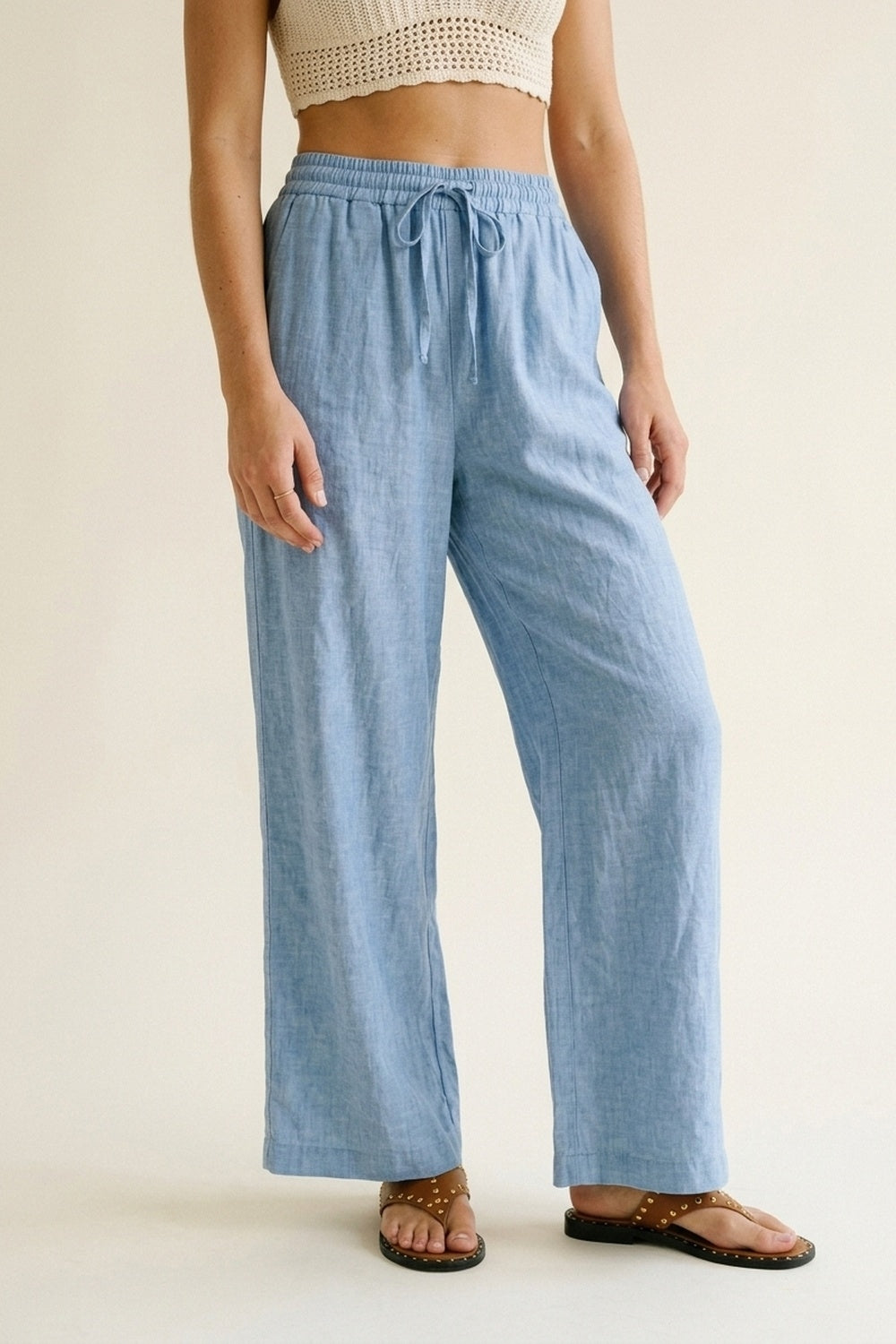 Pantalon Large Léger Bleu Clair Froissé avec Taille Élastique