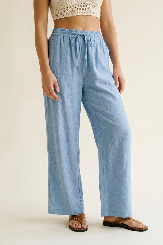 Pantalon Large Léger Bleu Clair Froissé avec Taille Élastique