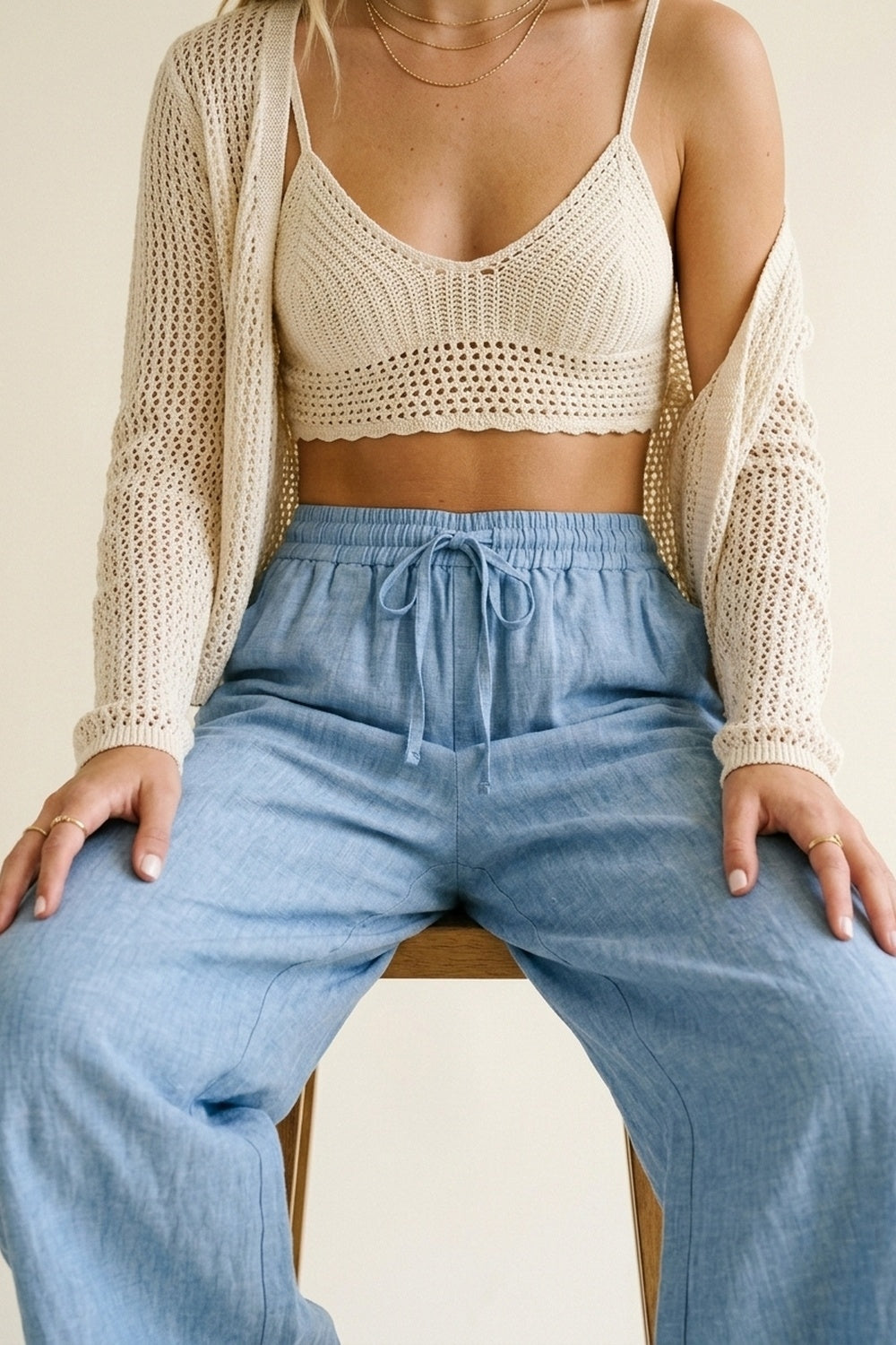 Pantalon Large Léger Bleu Clair Froissé avec Taille Élastique
