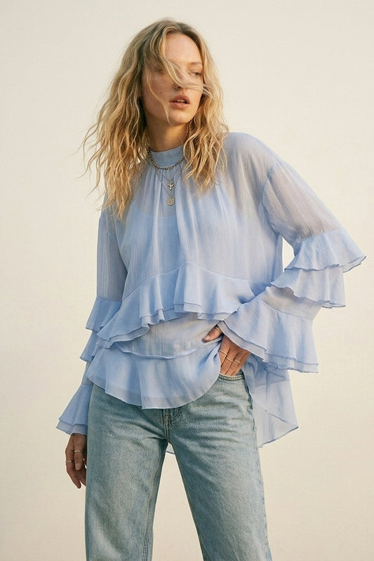 Blouse Asymétrique à Volants et à Étages en Chiffon Bleu Clair