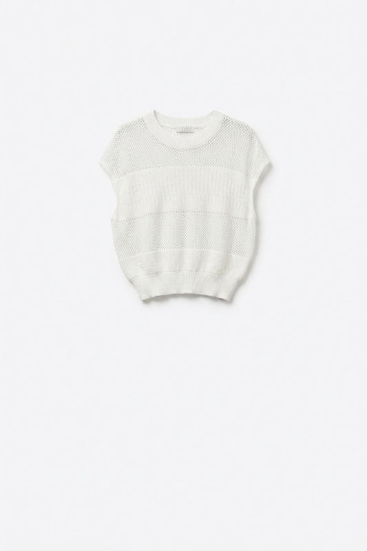 Pull léger à manches courtes en maille ajourée blanc