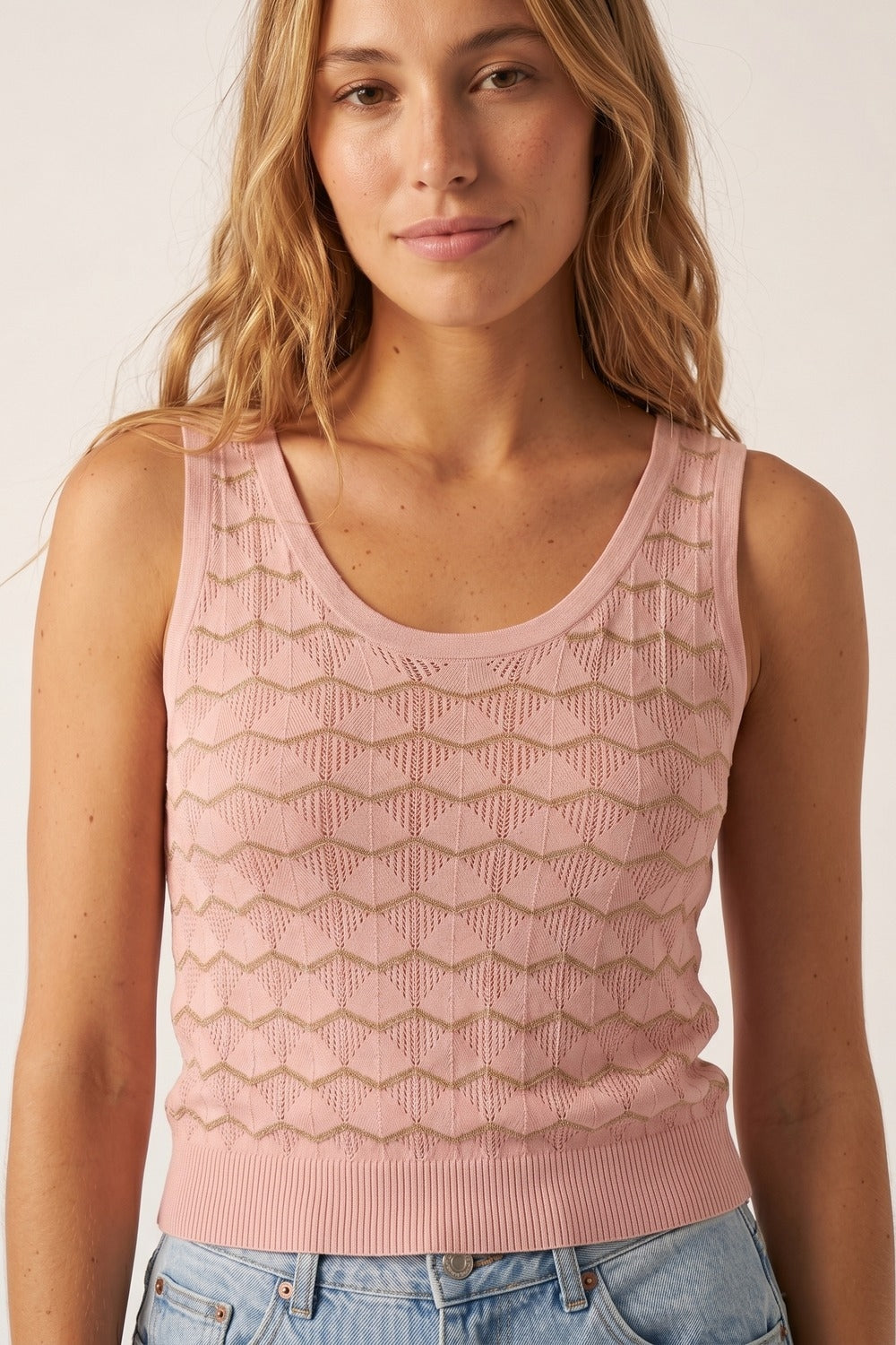 top à Bordure Métallique en Tricot Géométrique Rose Pâle