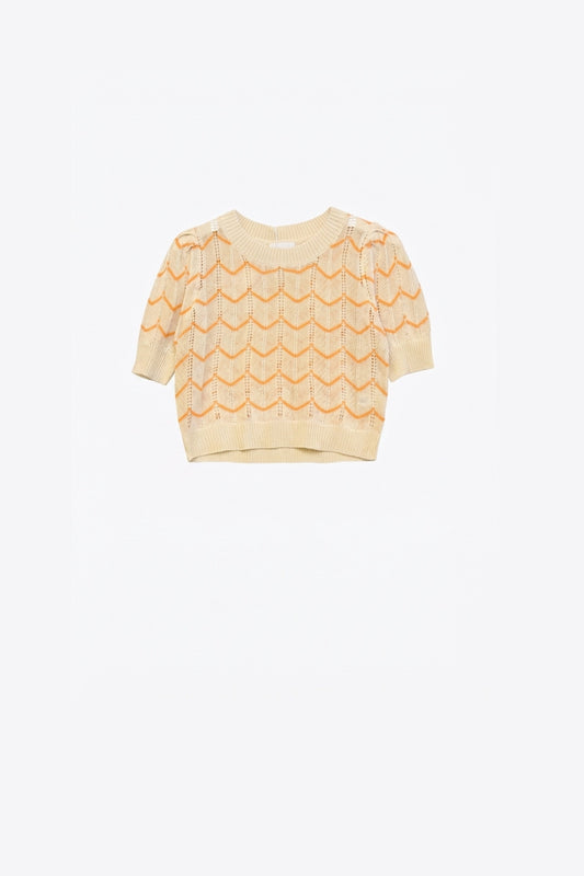 Pull court en tricot fin imprimé chevrons jaune clair
