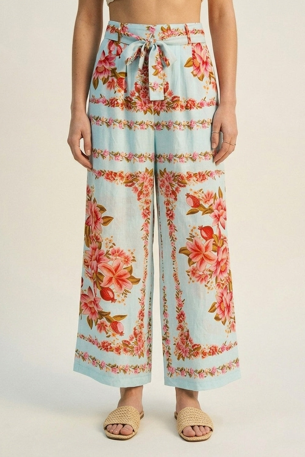 Pantalon large en coton à taille nouée imprimé floral bleu clair