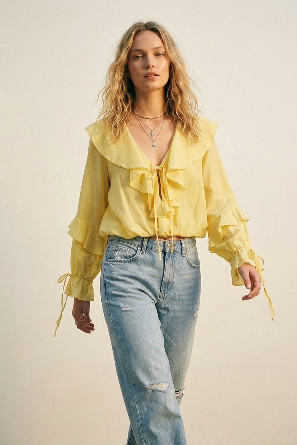 Blouse Jaune à Manches Longues avec Devant à Volants et Liens
