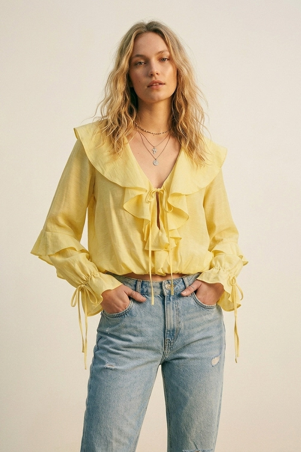 Blouse Jaune à Manches Longues avec Devant à Volants et Liens