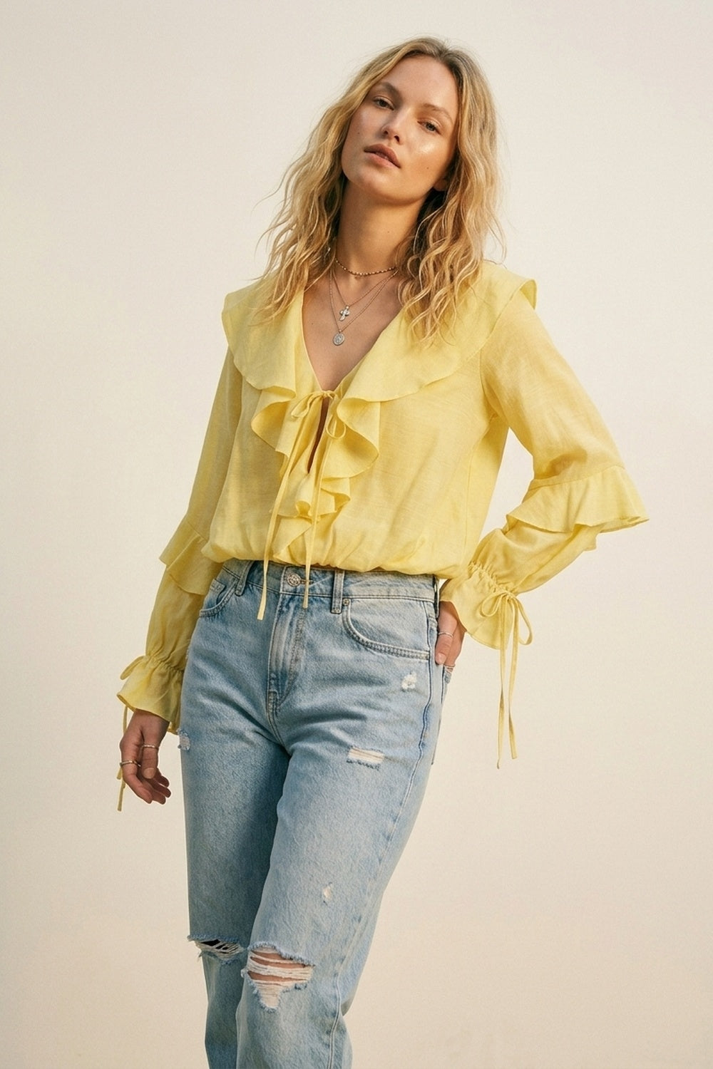 Blouse Jaune à Manches Longues avec Devant à Volants et Liens