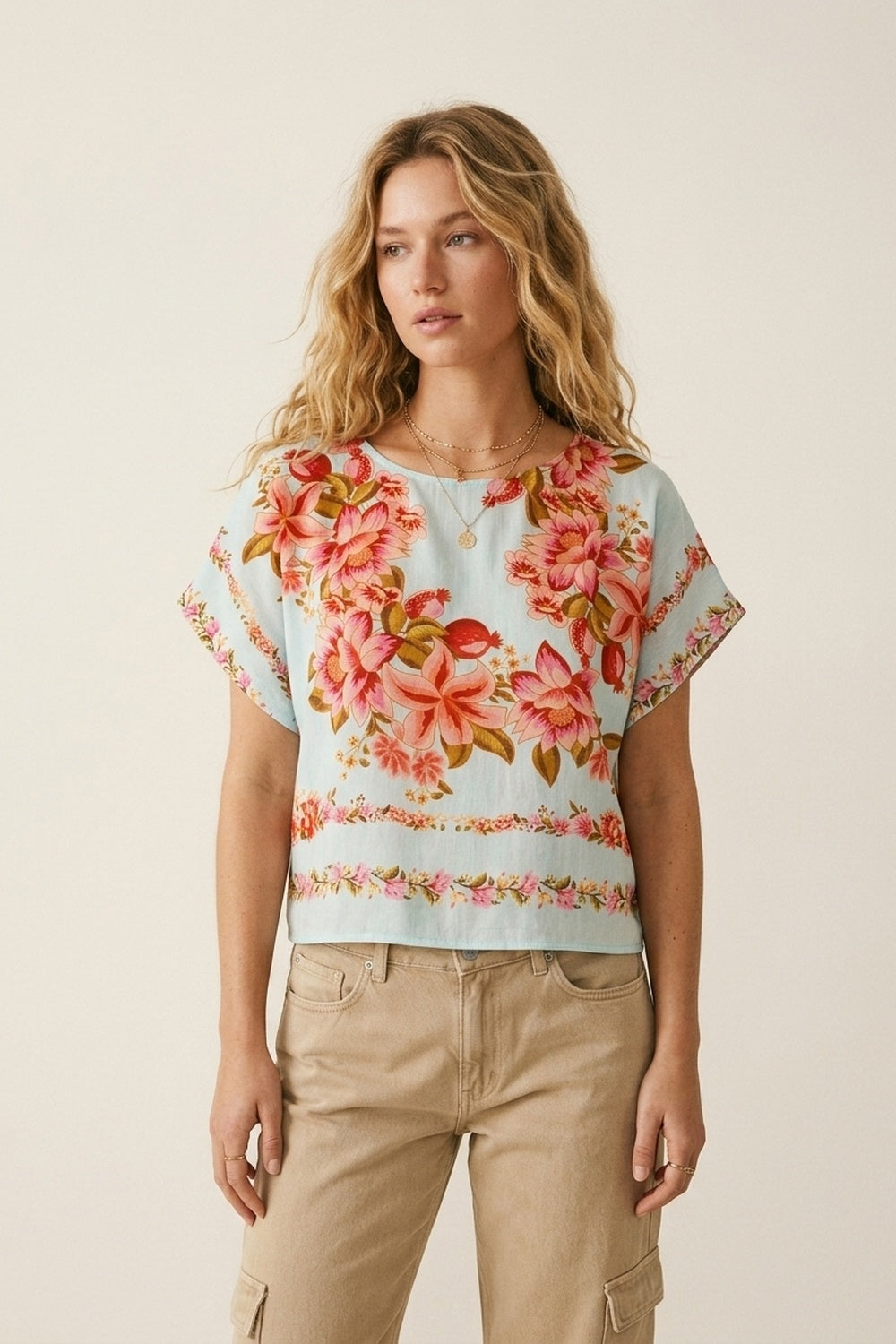 Top court carré léger en maille à imprimé floral bleu clair