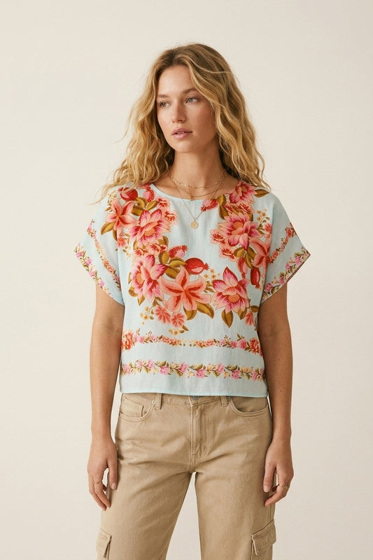 Top court carré léger en maille à imprimé floral bleu clair