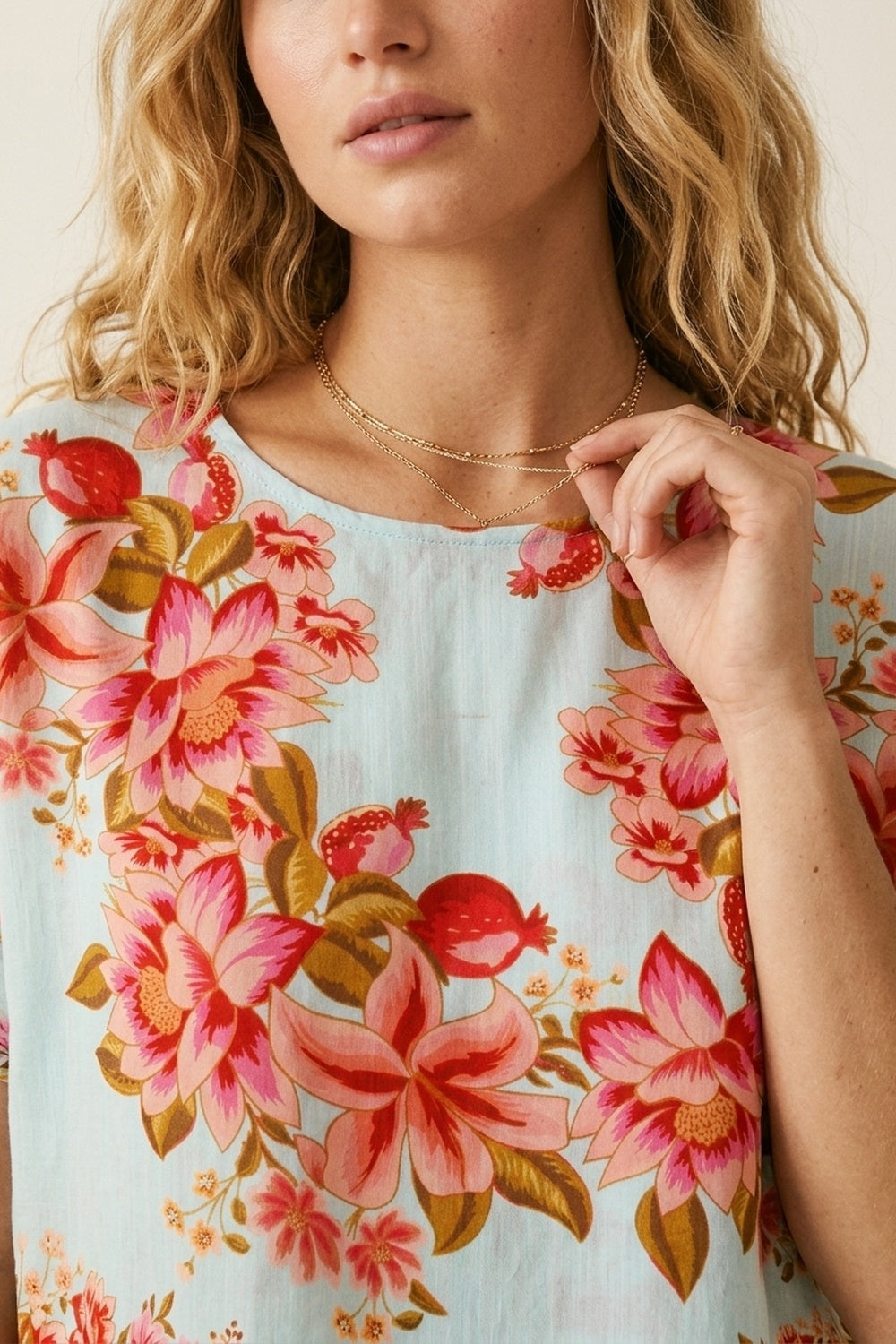 Top court carré léger en maille à imprimé floral bleu clair