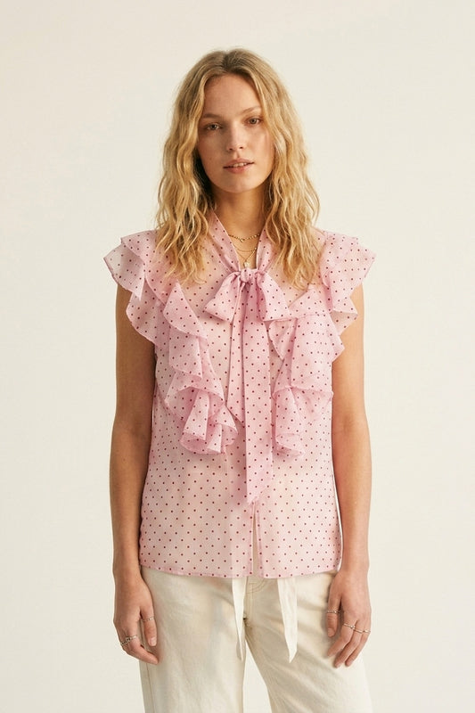 Blouse sans manches en mousseline rose clair à pois avec volants et nœud papillon
