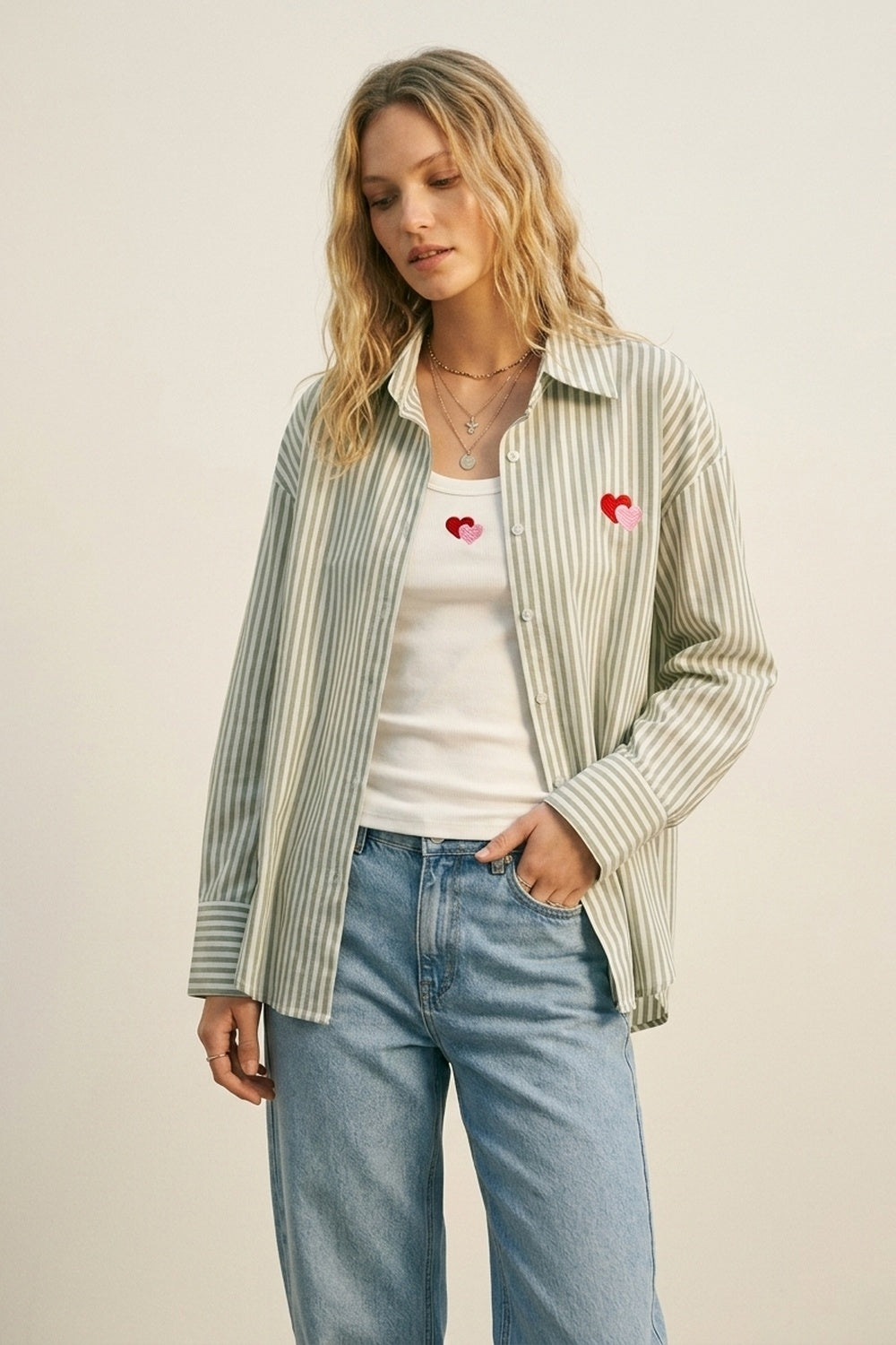 Ensemble de t-shirt et chemise en coton vert rayé avec cœur brodé 2 pièces