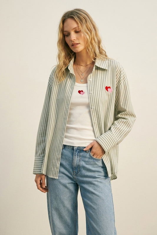 Ensemble de t-shirt et chemise en coton vert rayé avec cœur brodé 2 pièces