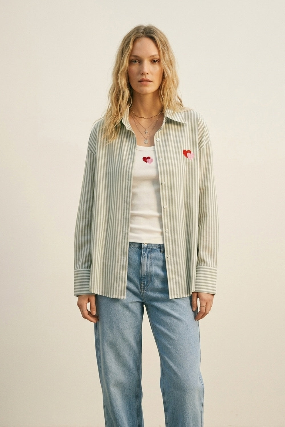 Ensemble de t-shirt et chemise en coton vert rayé avec cœur brodé 2 pièces