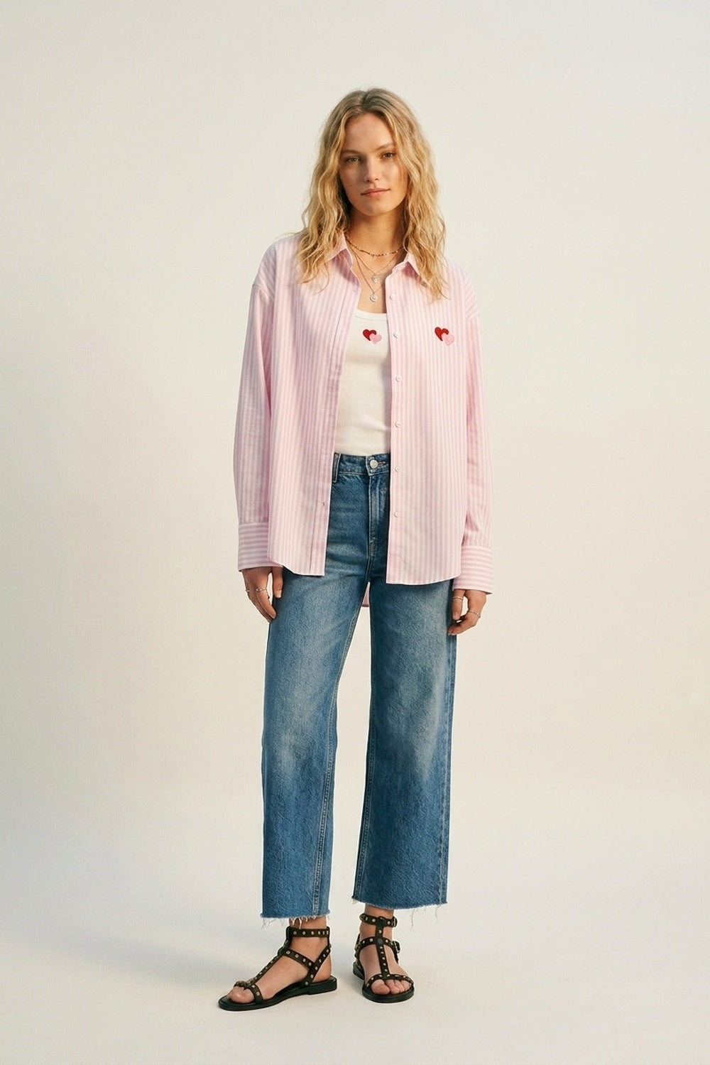Ensemble de t-shirt et chemise en coton à rayures roses avec cœur brodé 2 pièces