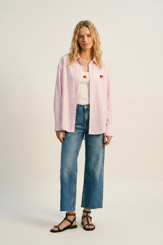 Ensemble de t-shirt et chemise en coton à rayures roses avec cœur brodé 2 pièces
