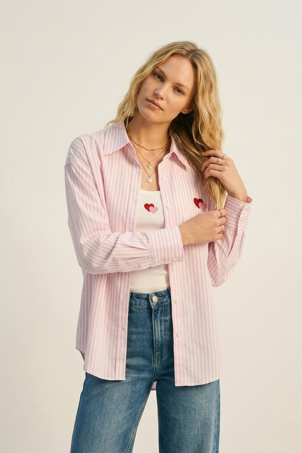 Ensemble de t-shirt et chemise en coton à rayures roses avec cœur brodé 2 pièces