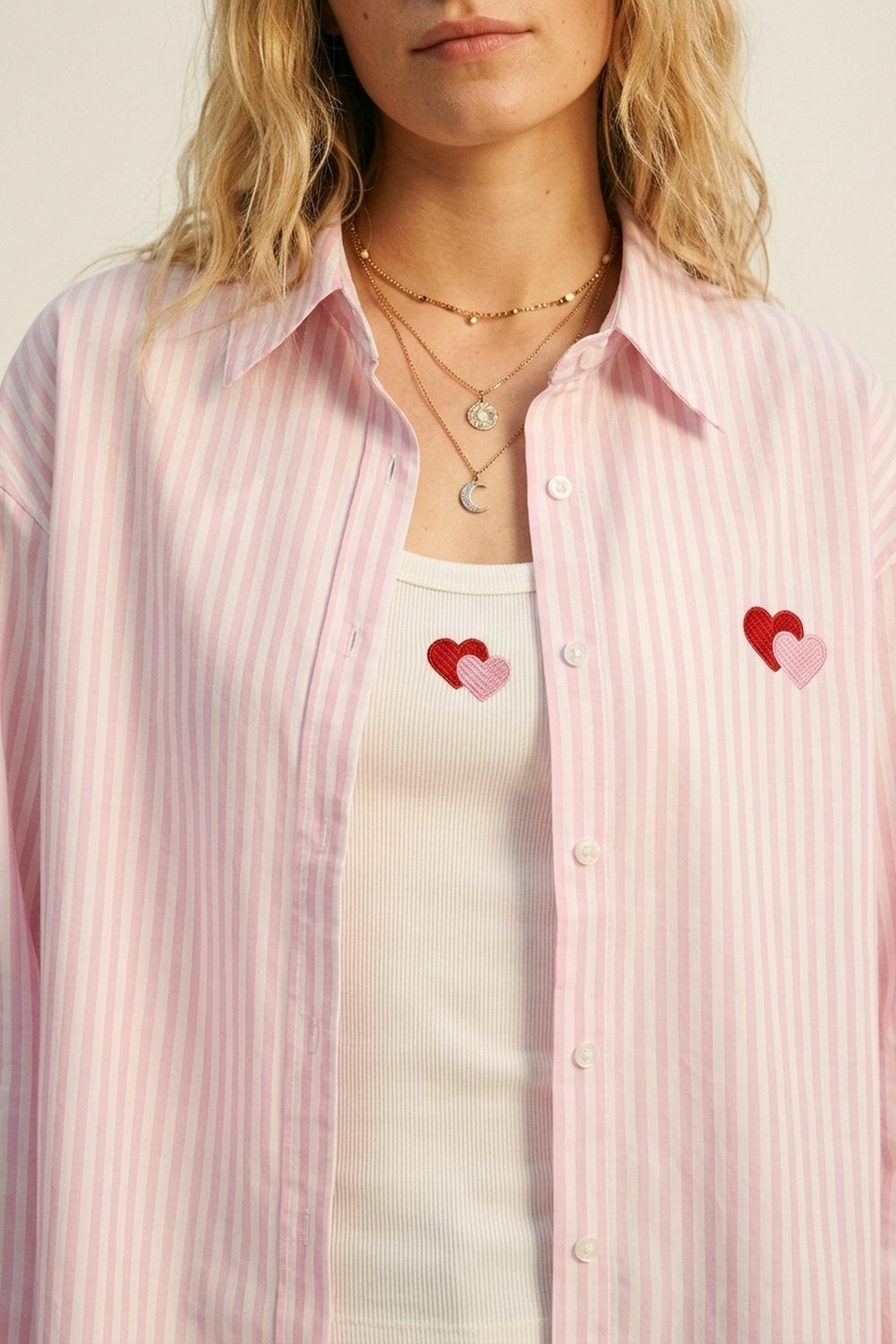 Ensemble de t-shirt et chemise en coton à rayures roses avec cœur brodé 2 pièces