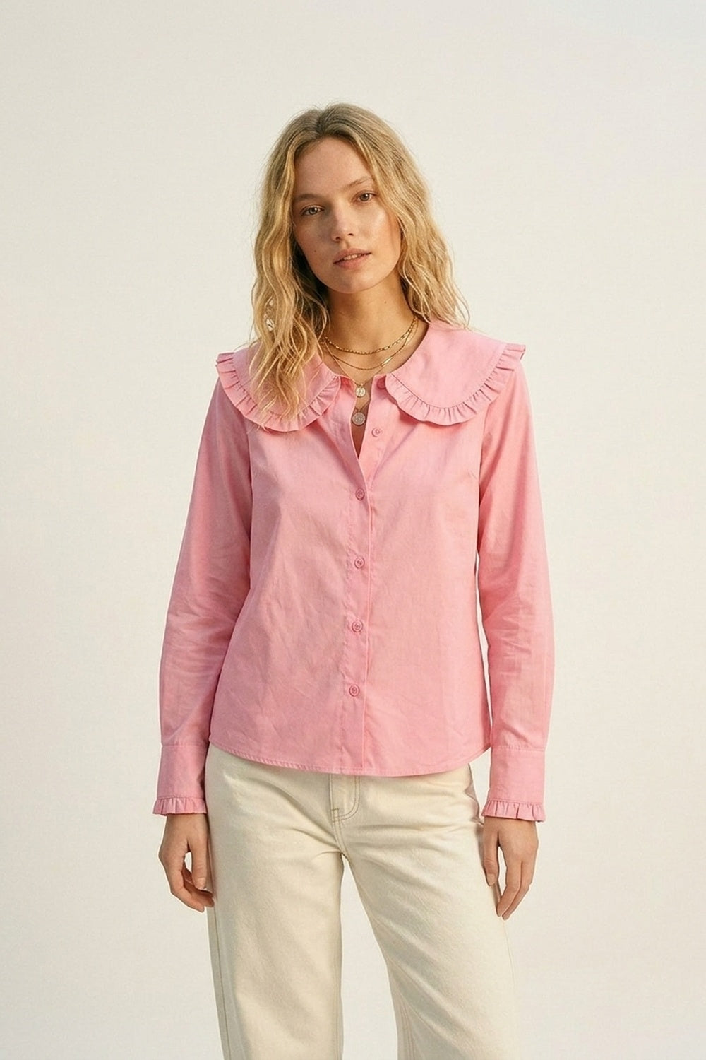 Chemise à manches longues en popeline de coton rose avec col prairie à volants
