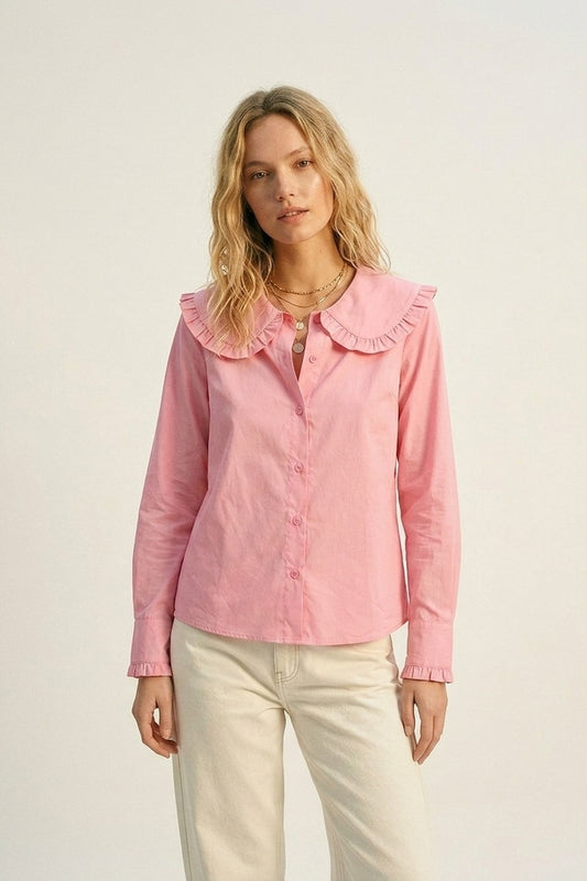 Chemise à manches longues en popeline de coton rose avec col prairie à volants