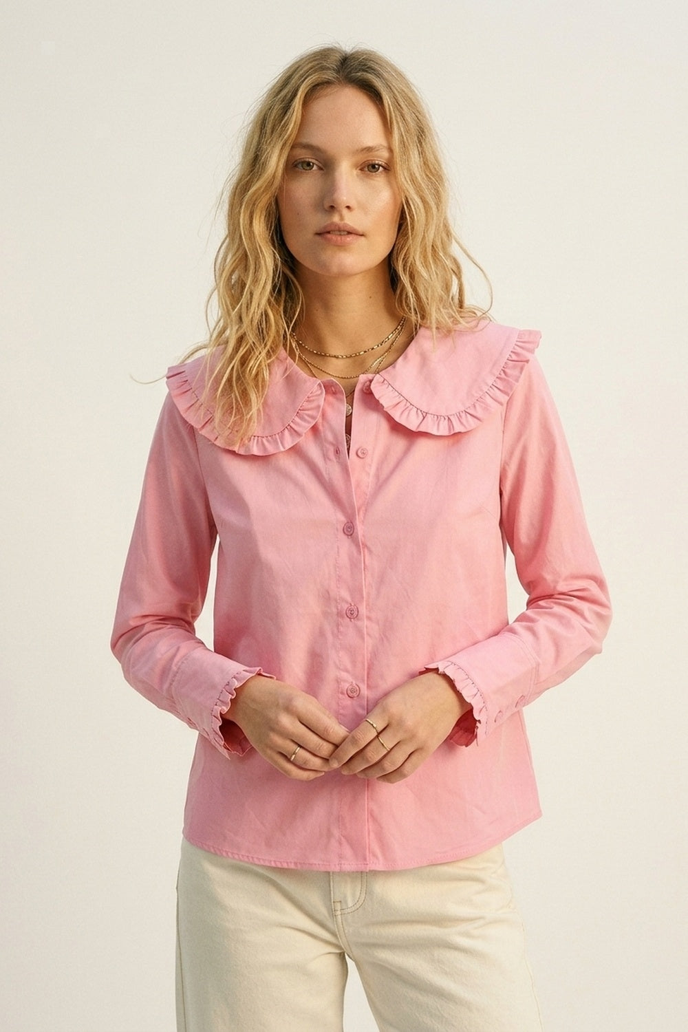 Chemise à manches longues en popeline de coton rose avec col prairie à volants