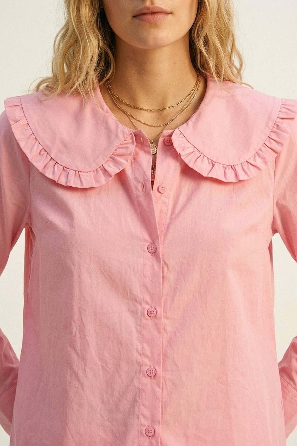 Chemise à manches longues en popeline de coton rose avec col prairie à volants