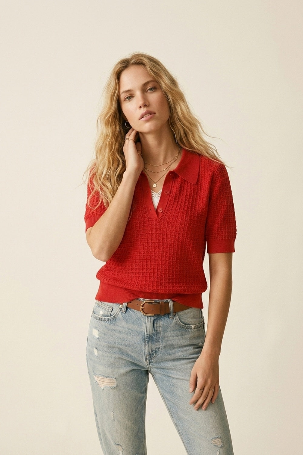 Polo à patte de boutonnage en maille gaufrée rouge à manches courtes
