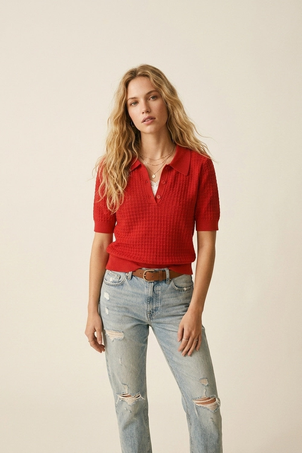 Polo à patte de boutonnage en maille gaufrée rouge à manches courtes