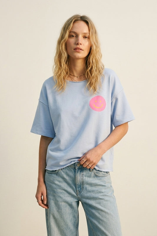 Sweat-shirt bleu clair coupe décontractée avec Smiley rose