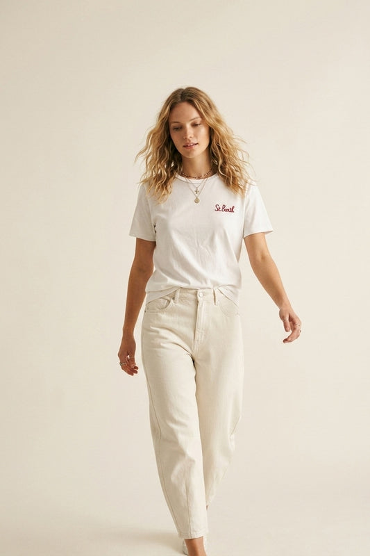 T-shirt blanc en coton brodé sur la poitrine coupe régulière col rond