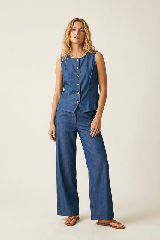 Ensemble débardeur sans manches à boutons et pantalon large