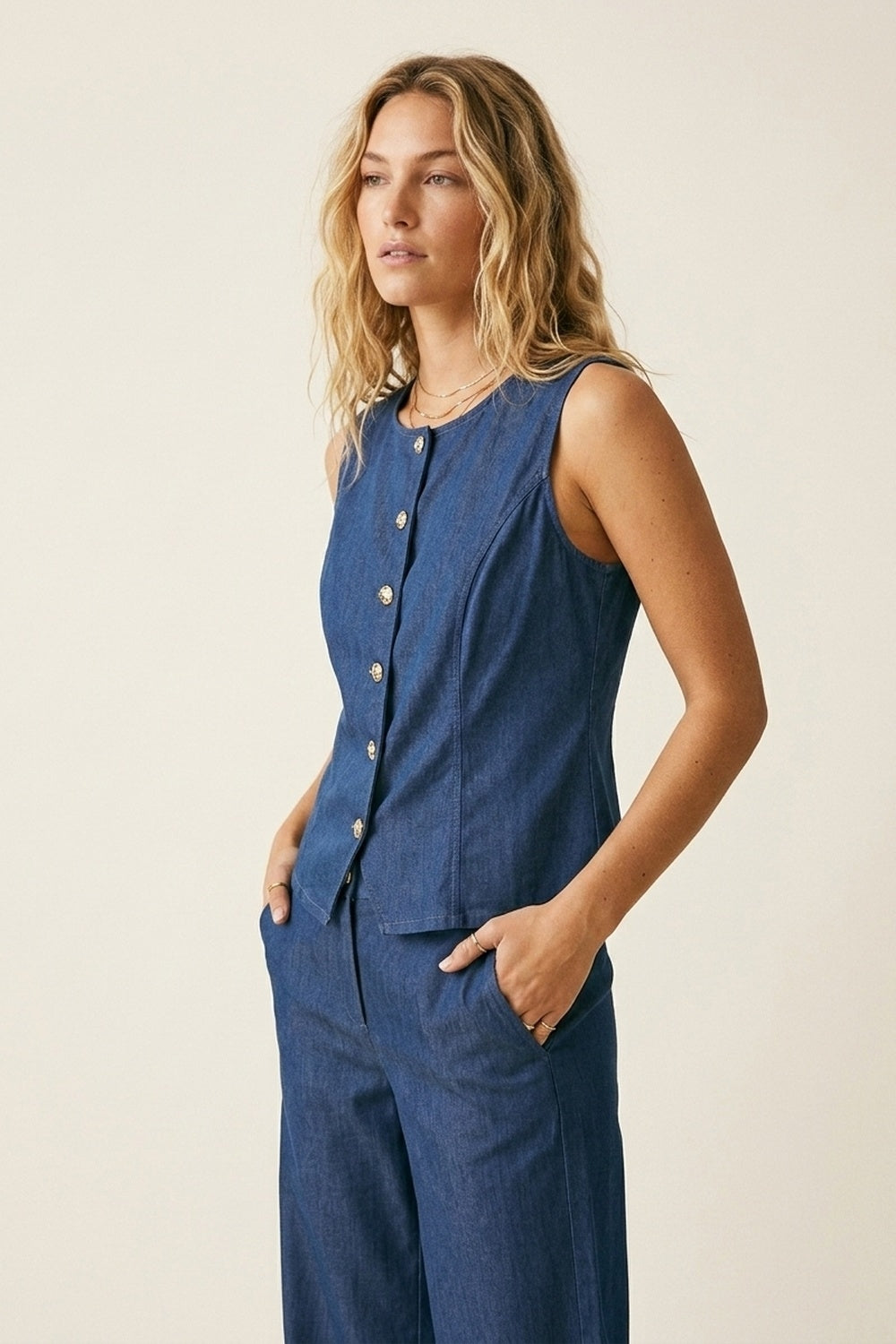 Ensemble débardeur sans manches à boutons et pantalon large
