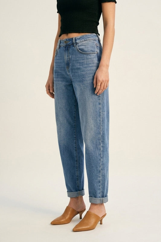 Jean ballon décontracté taille haute en denim délavé clair