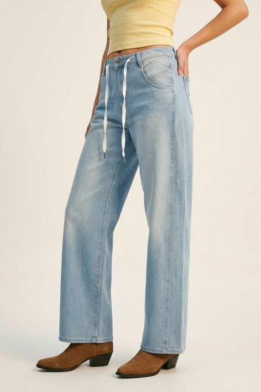 Jeans en denim bleu clair à cordon de serrage coupe décontractée