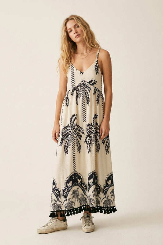 Robe Maxi Crème avec Imprimé Palmier Marine et Glands