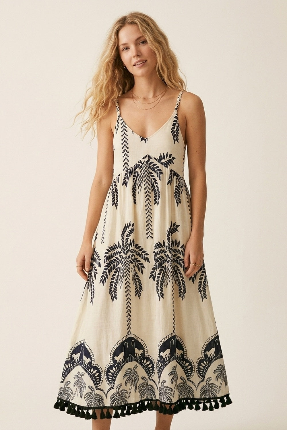 Robe Maxi Crème avec Imprimé Palmier Marine et Glands