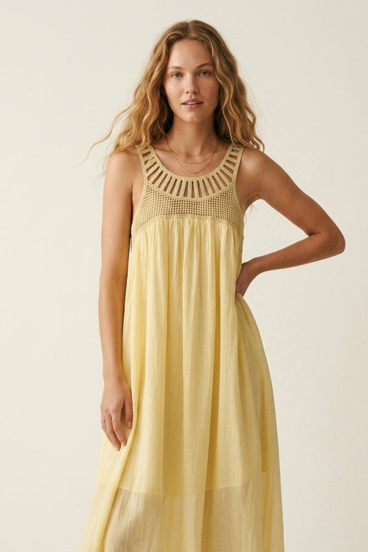 Robe Maxi à Empiècement Crochet Jaune avec Jupe Fluide