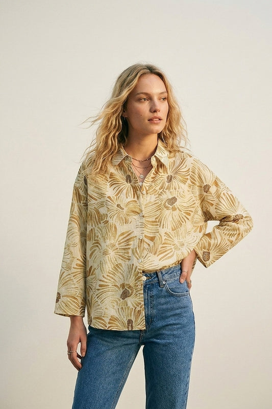 Chemise à boutons florale coupe décontractée en jaune