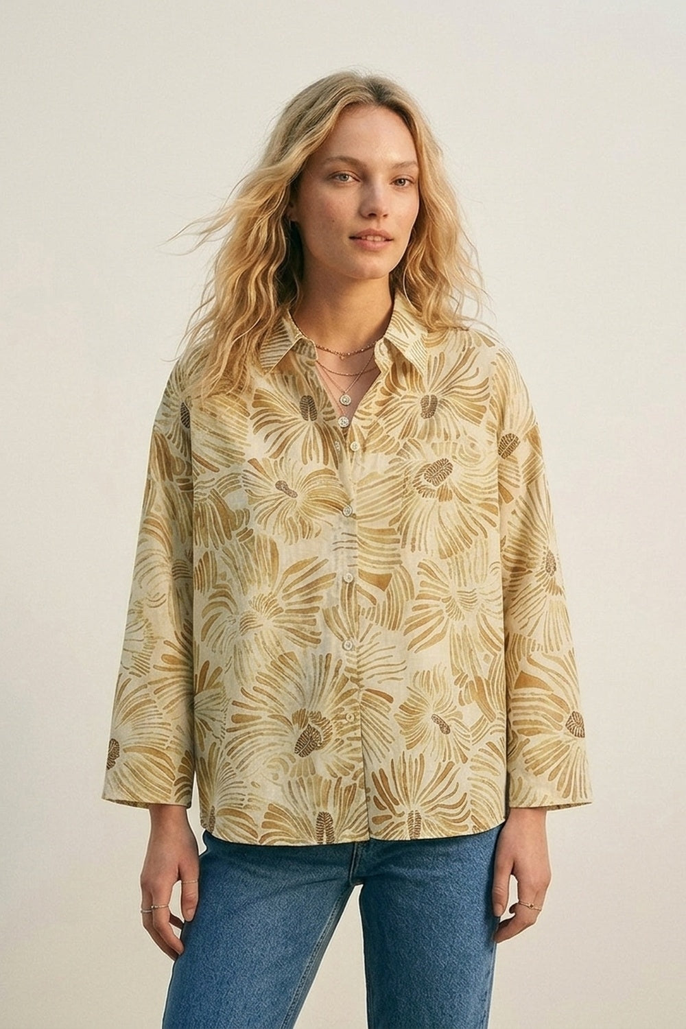 Chemise à boutons florale coupe décontractée en jaune