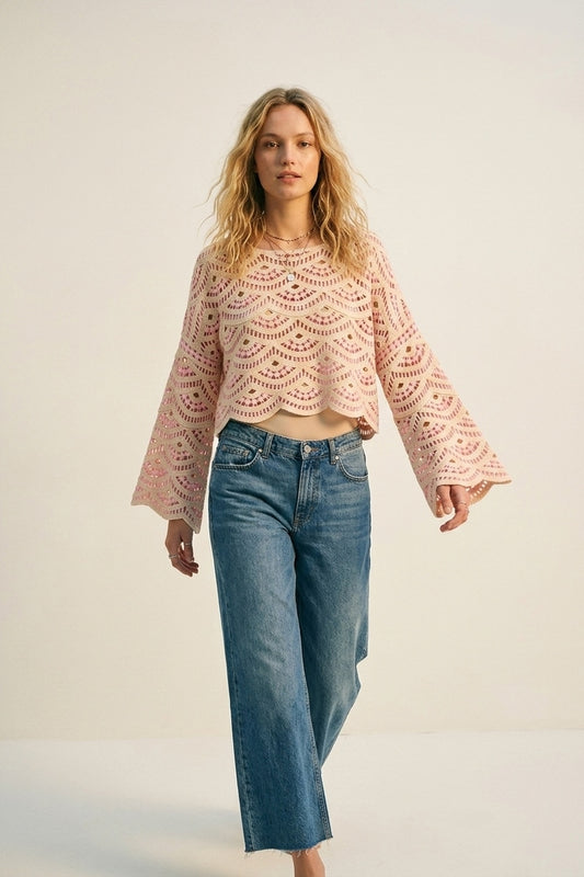 Top en Crochet Beige Rose à Motif Géométrique et Manches Larges