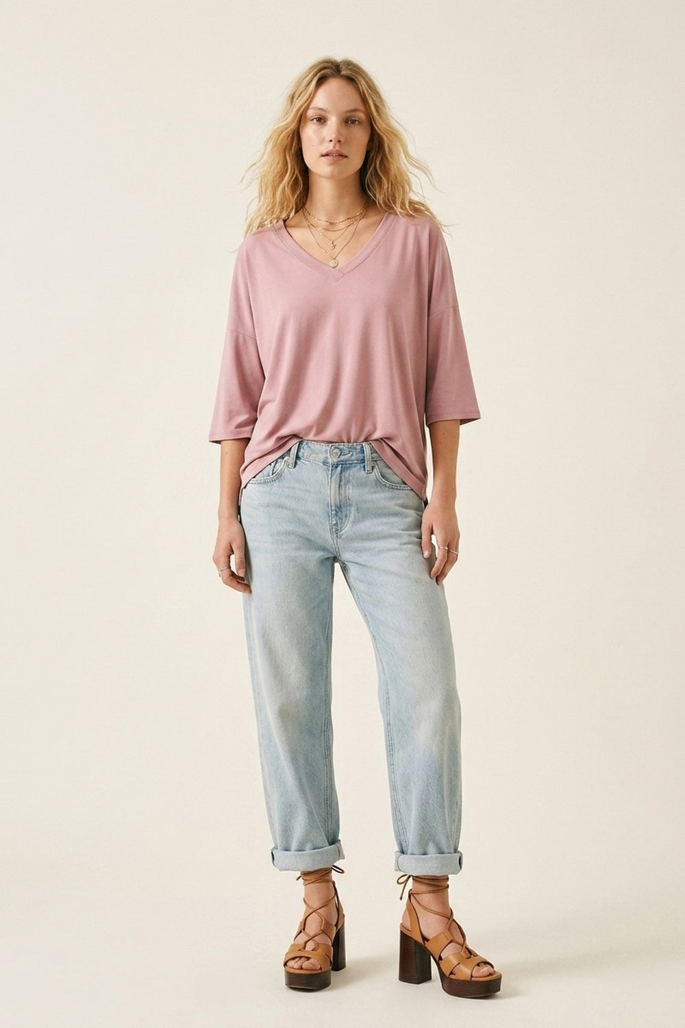 Top décontracté à col en V et manches 3/4 couleur rose poudré