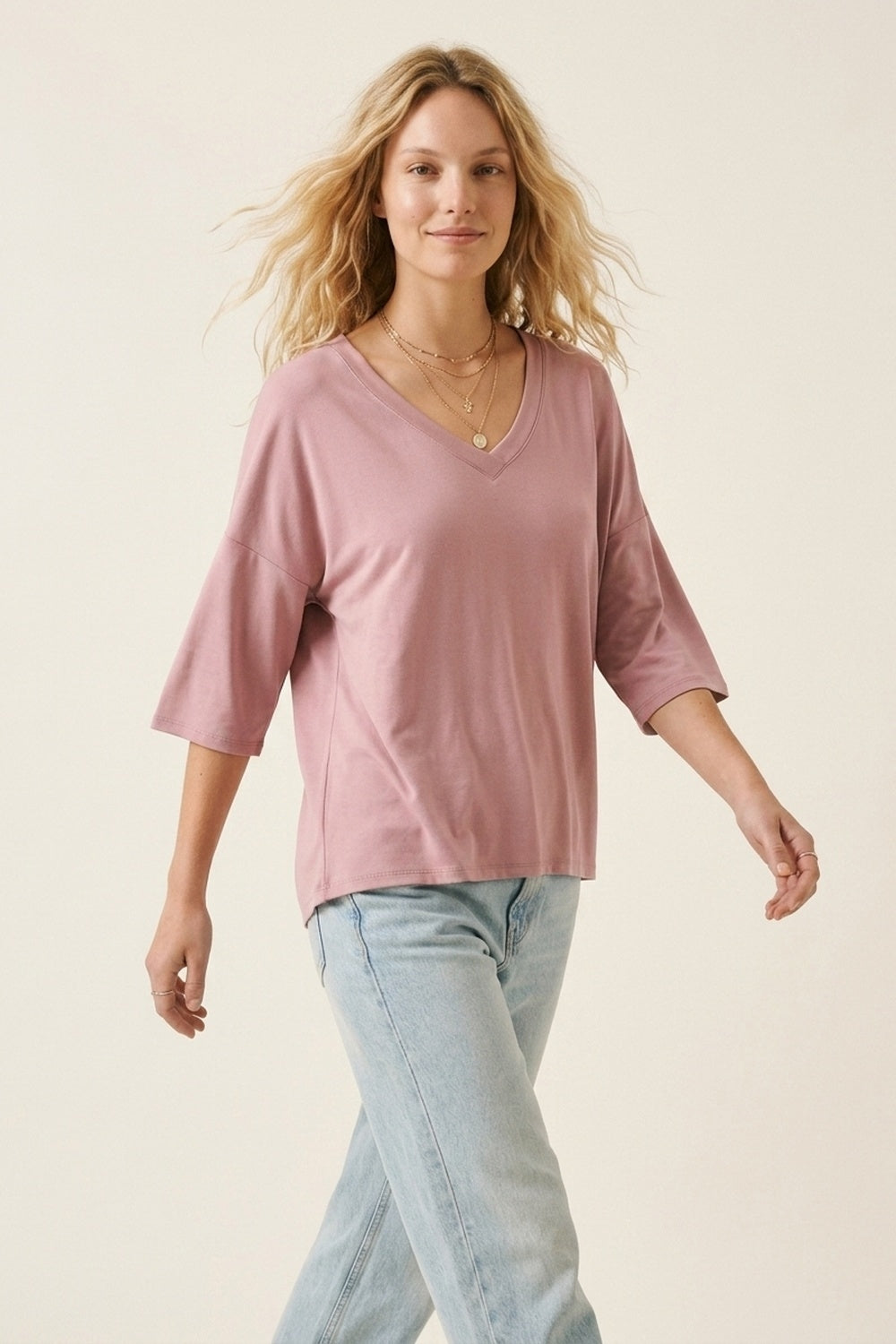 Top décontracté à col en V et manches 3/4 couleur rose poudré