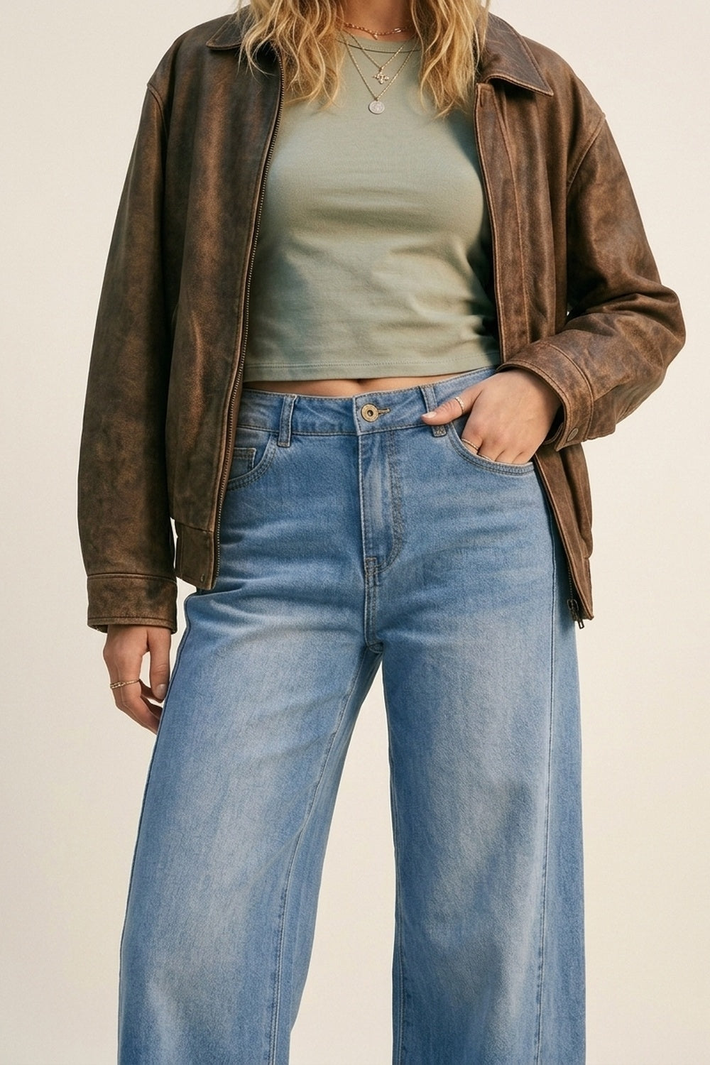 Jeans larges en denim bleu clair avec coutures latérales