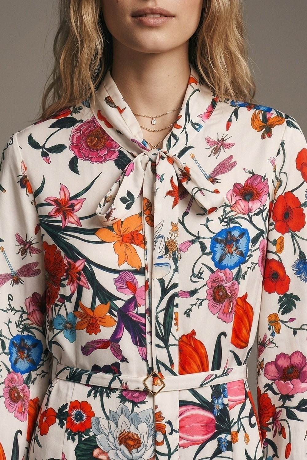 Robe courte à manches longues en tissu léger à imprimé floral blanc avec ceinture