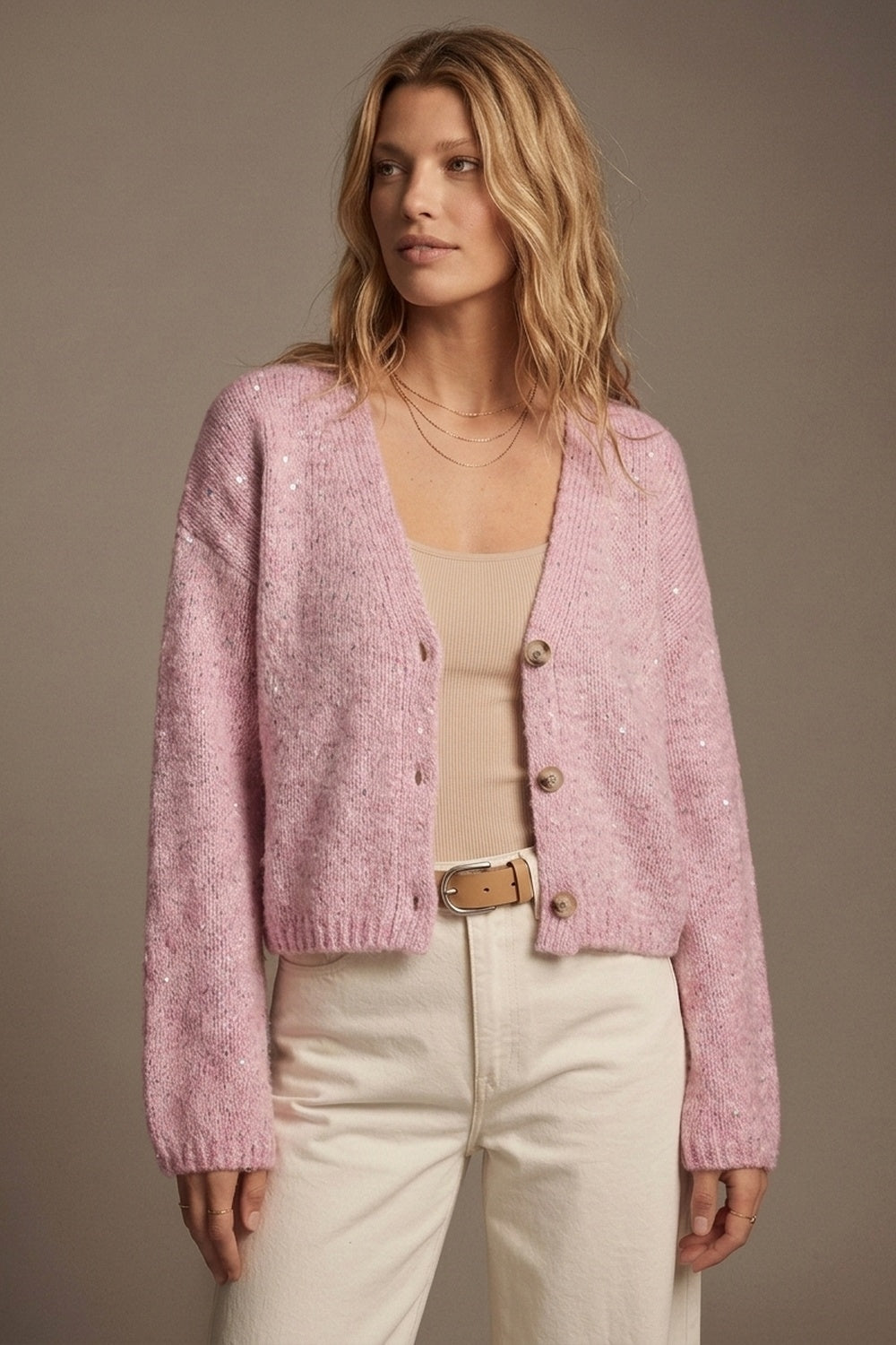 Cardigan ample en tricot boutonné rose moelleux avec détails en sequins