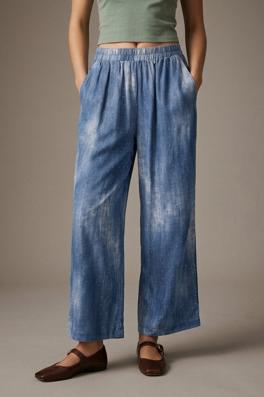 Pantalon à taille élastique en chiffon bleu tie-dye avec strass embellis