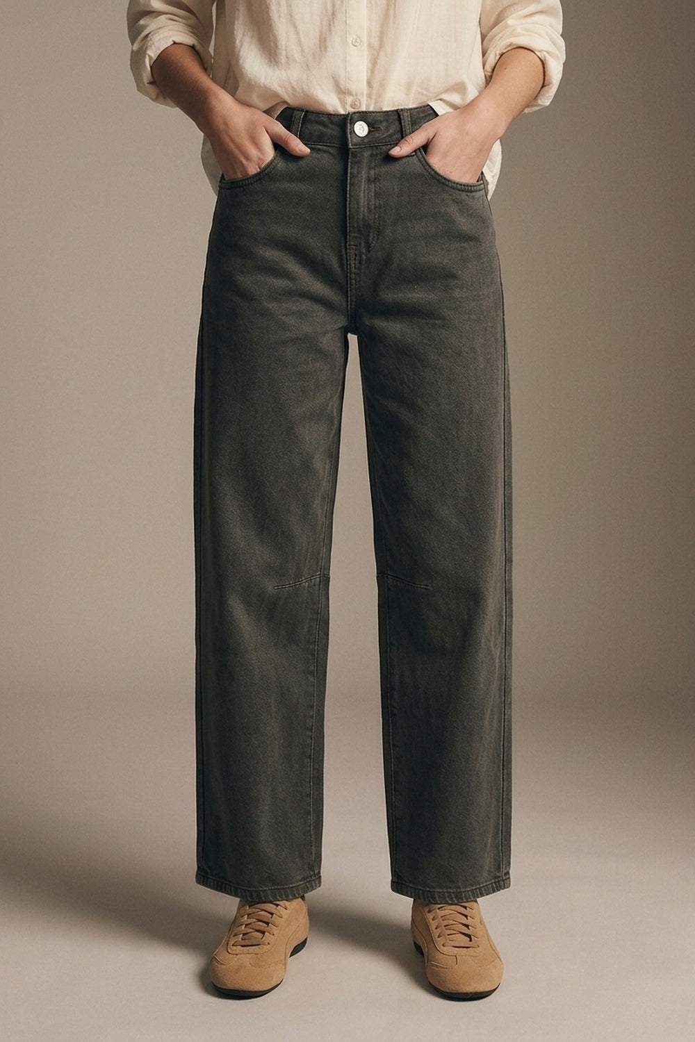 Jean large en denim vintage kaki avec couture au genou