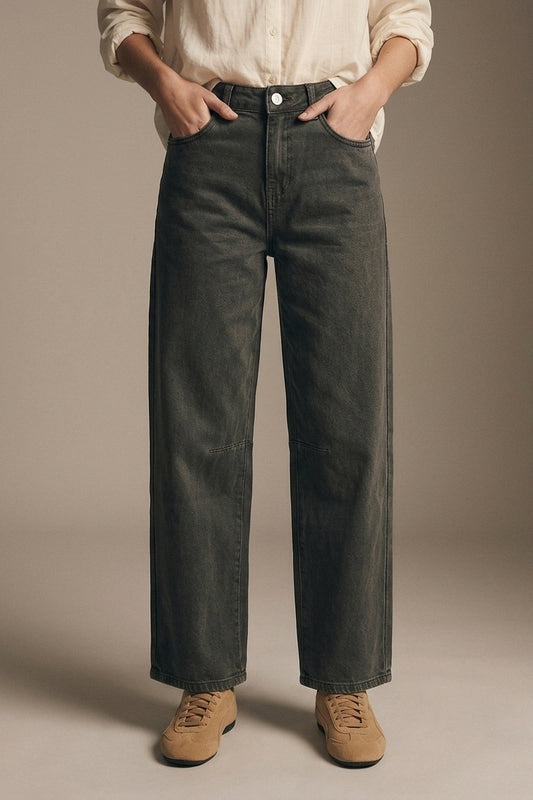 Jean large en denim vintage kaki avec couture au genou